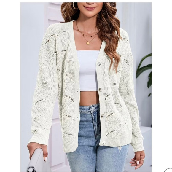 NWT Fashion Cream Lightweight Button- Up Crochet Long Sleeves Cardigan Sweater - Picture 4 of 10